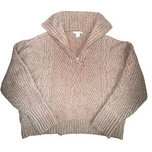 Cable‎ Knit Half-Zip Sweater Womens 1X Tan Ribbed Y2k Chunky Cute Preppy Classic